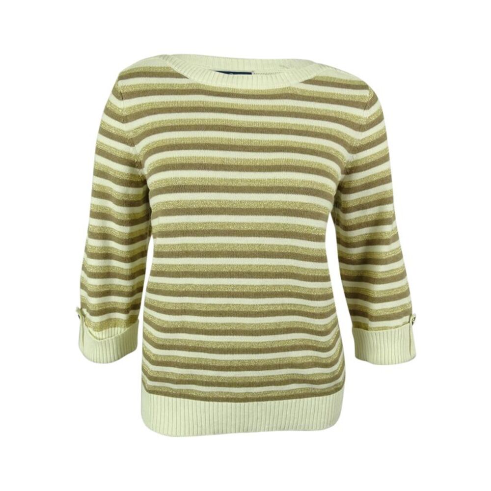 Karen Scott Women's Metallic Stripe Pullover Sweater - Khaki